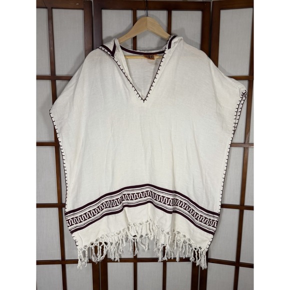 Tory Burch Other - Tory Burch Woven Cotton Hooded Poncho Cover Up Ivory Burgundy Fringe Indie Beach